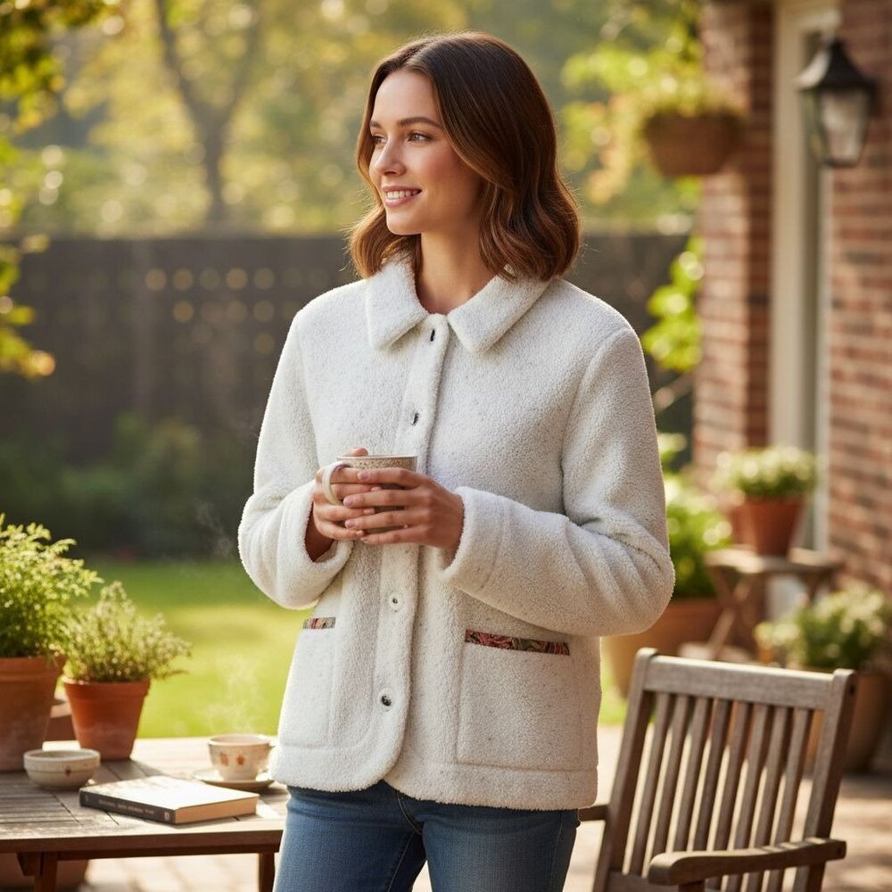Orvis Womens White Sherpa Button-Up Jacket W/ Tapestry Trim Pockets Size M Polye - Picture 5 of 13